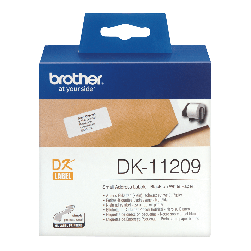 Original Brother DK-11209 udstansede adresse labelrulle – sort på hvid, 29 mm x 62 mm